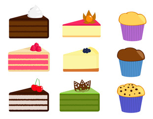 Set of cake pieces and muffins