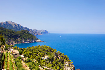 Island scenery, seascape of Mallorca Spain. Idyllic coastline of Majorca, Mediterranean Sea on sunny day