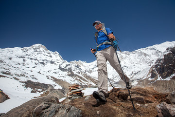 Trekker on the way to Annapurna base camp, Nepal