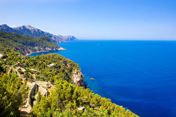 Fototapeta na wymiar Island scenery, seascape of Mallorca Spain. Idyllic coastline of Majorca, Mediterranean Sea on sunny day