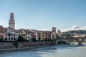 Obraz premium View of Verona. Ponte Pietra, once known as the Pons Marmoreus. It is the Roman arch bridge crossing Adige River