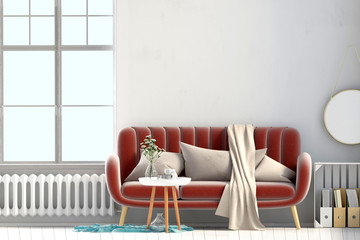 Modern interior with window and sofa. Wall mock up. 3d illustration.