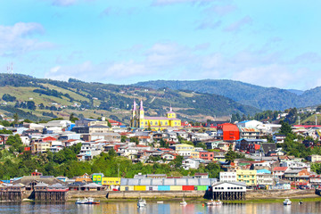Town of Castro, colourful Waterfront. Chiloe Island, Patagonia, Chile