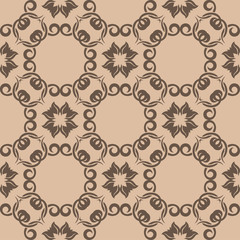 Brown floral ornament on beige background. Seamless pattern