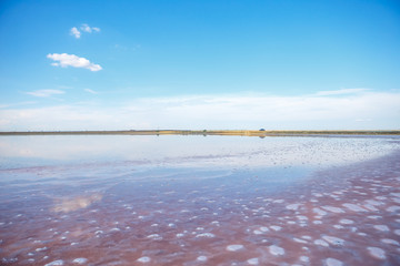 Panoramic view of Pink Salt Lake in . This lake turns pink in summer cause of an algae with red pigments. Blue sky, horizon