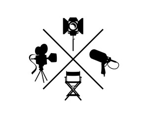 Obraz premium Model Classic Movie Film Camera and the Director's Chair with Loudspeaker or Mic Shooting Lamp for Making Film Symbol Icon Logo Vector