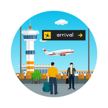 Icon , View of a Flying Airplane through the Window from a Waiting Room at the Airport , Scoreboard Arrivals at Airport, Air Travel Concept , Vector Illustration