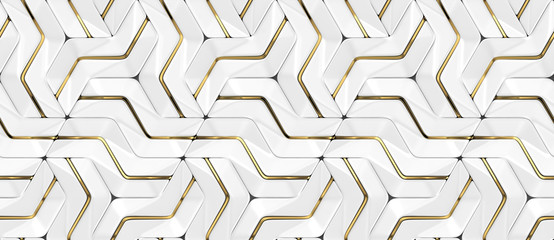 3D Wallpapers weiße Fliesen mit goldenem Metalldekor. Moderne geometrische Module. Hochwertige nahtlose realistische Textur. M-Größe.