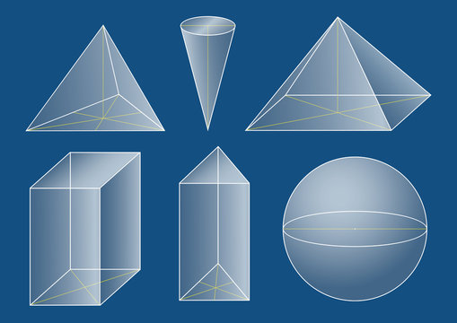 3d basic shapes. Prism, pyramid, cone, sphere.