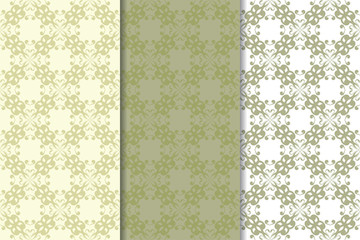 Set of  olive green floral backgrounds. Seamless patterns