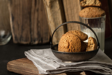 Oat cookies  on vintage old plate, still life. 
