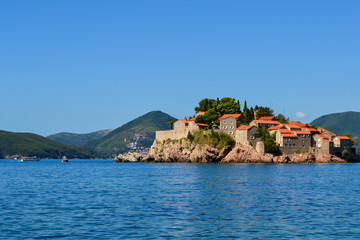 Saint Stephen's Island, Montenegro 14 september 2017: Sveti Stefan (St. Stefan) island in Adriatic sea, Montenegro - obrazy, fototapety, plakaty
