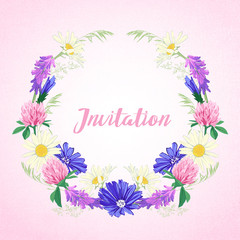 Cute invitation with floral wreath.