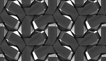 3D seamless wallpaper of black tiles elements with textile decor elements. High quality seamless realistic texture.