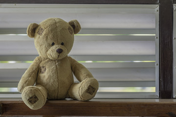 Teddy Bear sitting on a wooden floor.