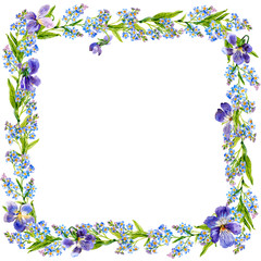 Frame of forgot-me-nots and violets. Watercolor.