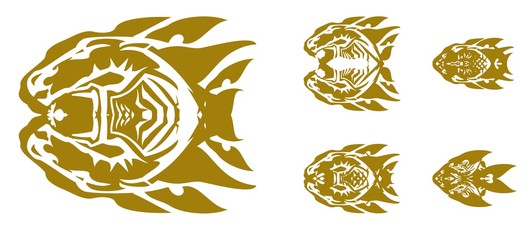 Golden abstract tribal fish symbols. Ornate unusual symbols of fishes formed by the heads of horses on a white background