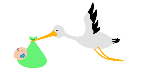 Stork carrying a baby in a bag