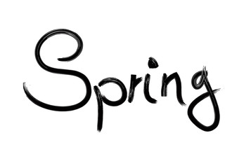 Spring text written by hand in grunge letters in bold font isolated on white background.