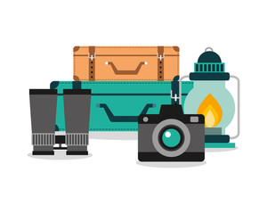 Obraz premium vacation equipment set camera luggage lamp and binoculars vector illustration
