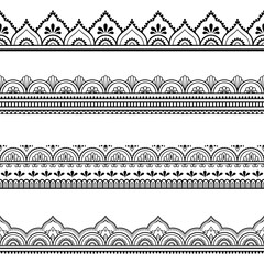 Set of seamless borders for design and application of henna. Mehndi style. Decorative pattern in oriental style.