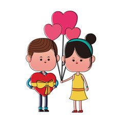 Cute couple with gift box and balloons cartoon vector illustration graphic design