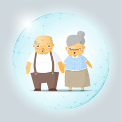Retirement concept with happy elderly couple protected in polygonal sphere shield , vector , illustration
