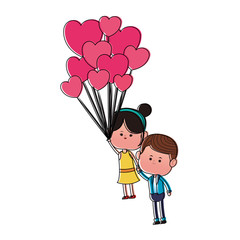 Cute couple flying with balloons cartoon vector illustration graphic design