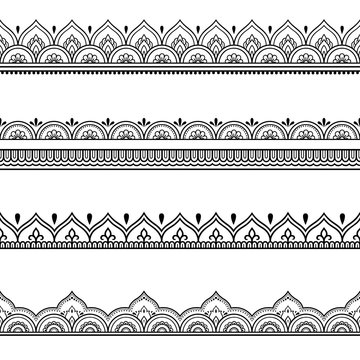 Naklejka Set of seamless borders for design and application of henna. Mehndi style. Decorative pattern in oriental style.