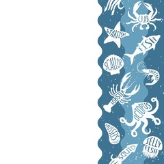 Vertical repeating pattern with seafood products. Seafood seamless banner with underwater animals. Tile design for restaurant menu, fish food industry or market shop.