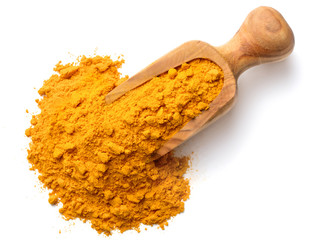 Turmeric powder in the wooden scoop, isolated on white