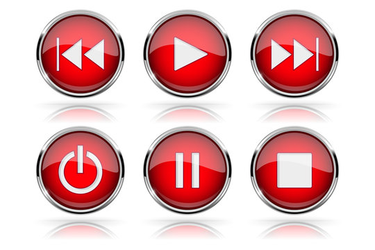 Media buttons. Red round glass buttons with chrome frame