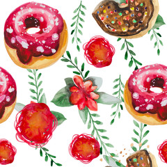 A seamless pattern is mainly made up of donuts and various festive elements and decor objects. Watercolor pattern on a white background easily tiles and creates a unique pattern for printing on paper.