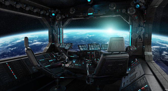 Spaceship grunge interior with view on planet Earth