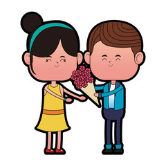 Boy giving flowers to his girlfriend vector illustration graphic design