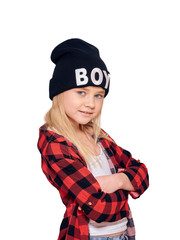 A little girl in a red shirt and a black knitted hat is having f