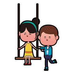 Boy pushing girlfriend on swing cartoon vector illustration graphic design