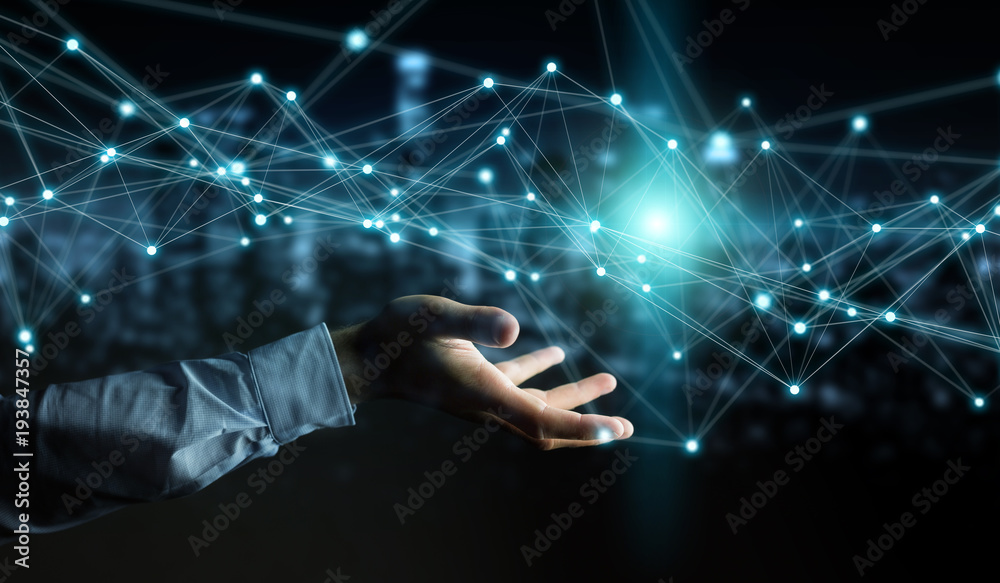 Poster Businessman using flying network connection 3D rendering