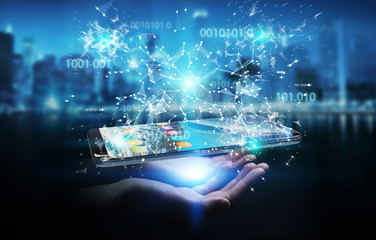 Businesswoman using digital binary code on mobile phone 3D rendering