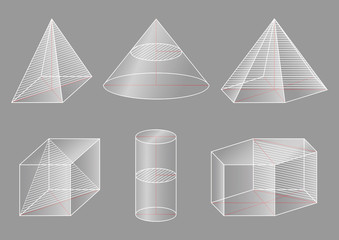 3d basic shapes. Prism, cube, pyramid, cone, cylinder. Cross-section.