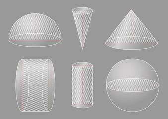 3d basic shapes. Sphere, hemisphere, cone, cylinder. Cross-section.