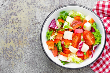 Vegetable dish, salad with bell pepper, tomato, italian mix, fresh lettuce and mozzarella cheese. Healthy food. Top view
