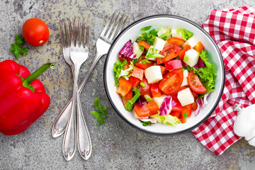 Vegetable dish, salad with bell pepper, tomato, italian mix, fresh lettuce and mozzarella cheese. Healthy food. Top view