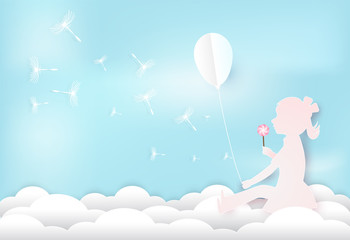Girl with Dandelion floral floating on cloud and blue sky background, paper art style illustration