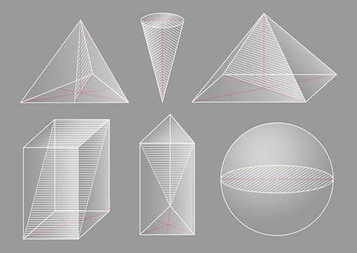 3d basic shapes. Prism, pyramid, cone, sphere. Cross-section.