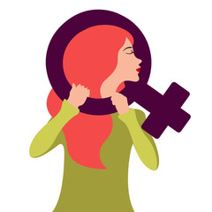 Girl holding a female gender symbol. Women day