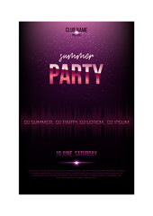 Summer party flyer template. Pink metal words and soundwave on dark background.