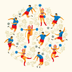 Soccer players and cheerleaders girls in Russian style. Flat vector illustration.