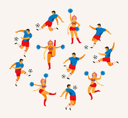 Fototapeta na wymiar Soccer players and cheerleaders girls in Russian style. Flat vector illustration.