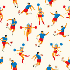 Soccer players and cheerleaders girls in Russian style. Vector seamless pattern.